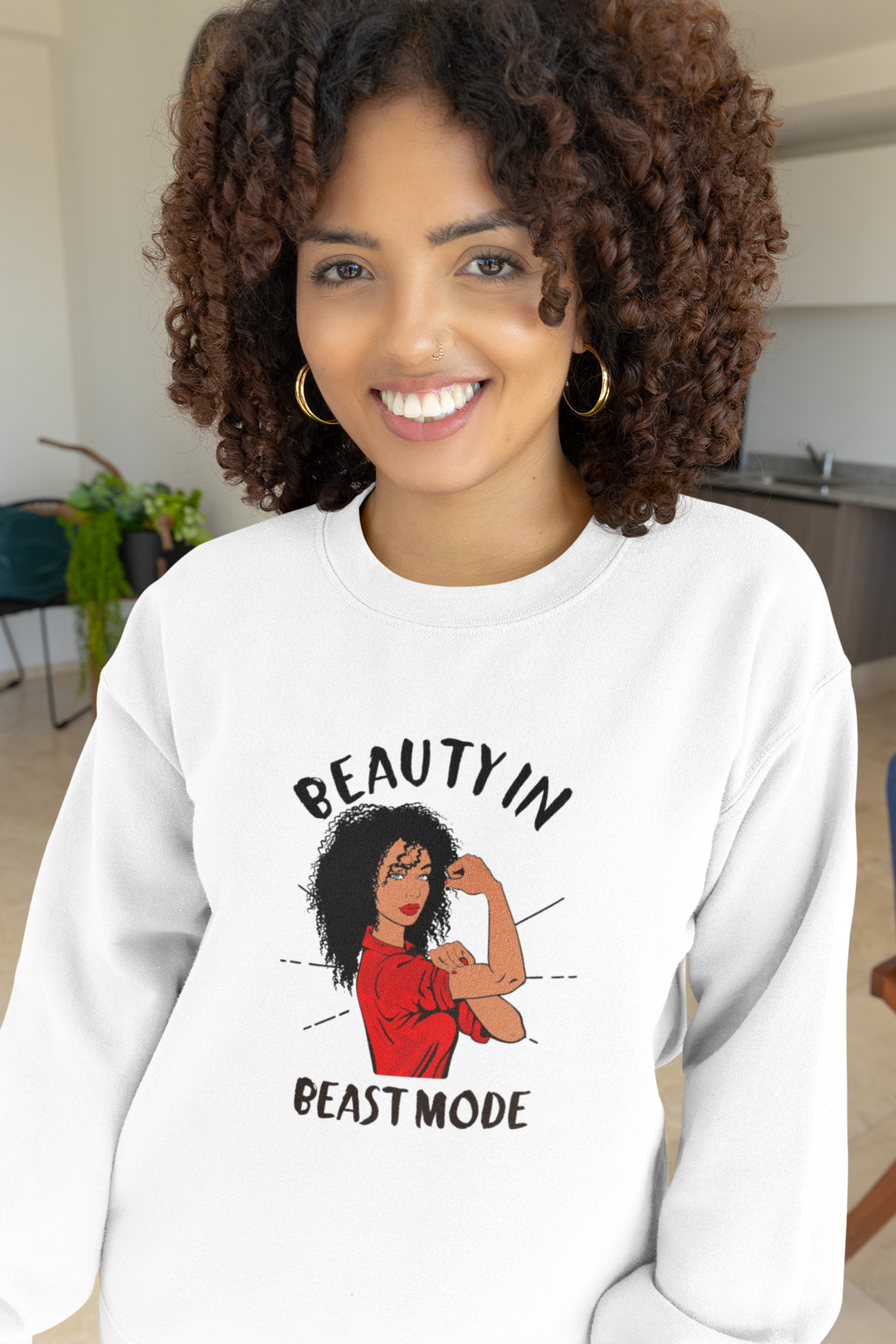 Women's Curly-Hair Beauty in Beast Mode Sweatshirt
