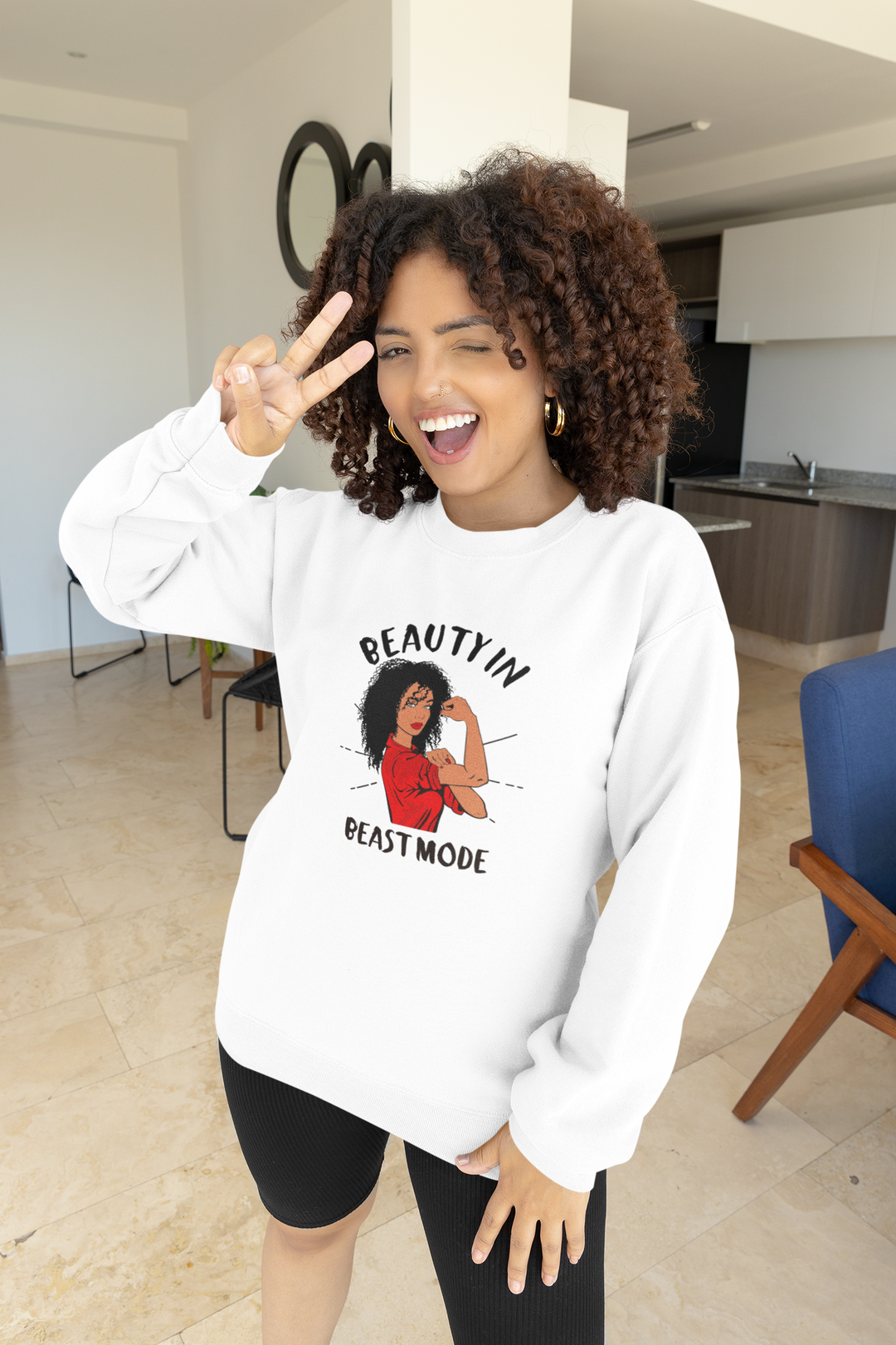 Women's Curly-Hair Beauty in Beast Mode Sweatshirt