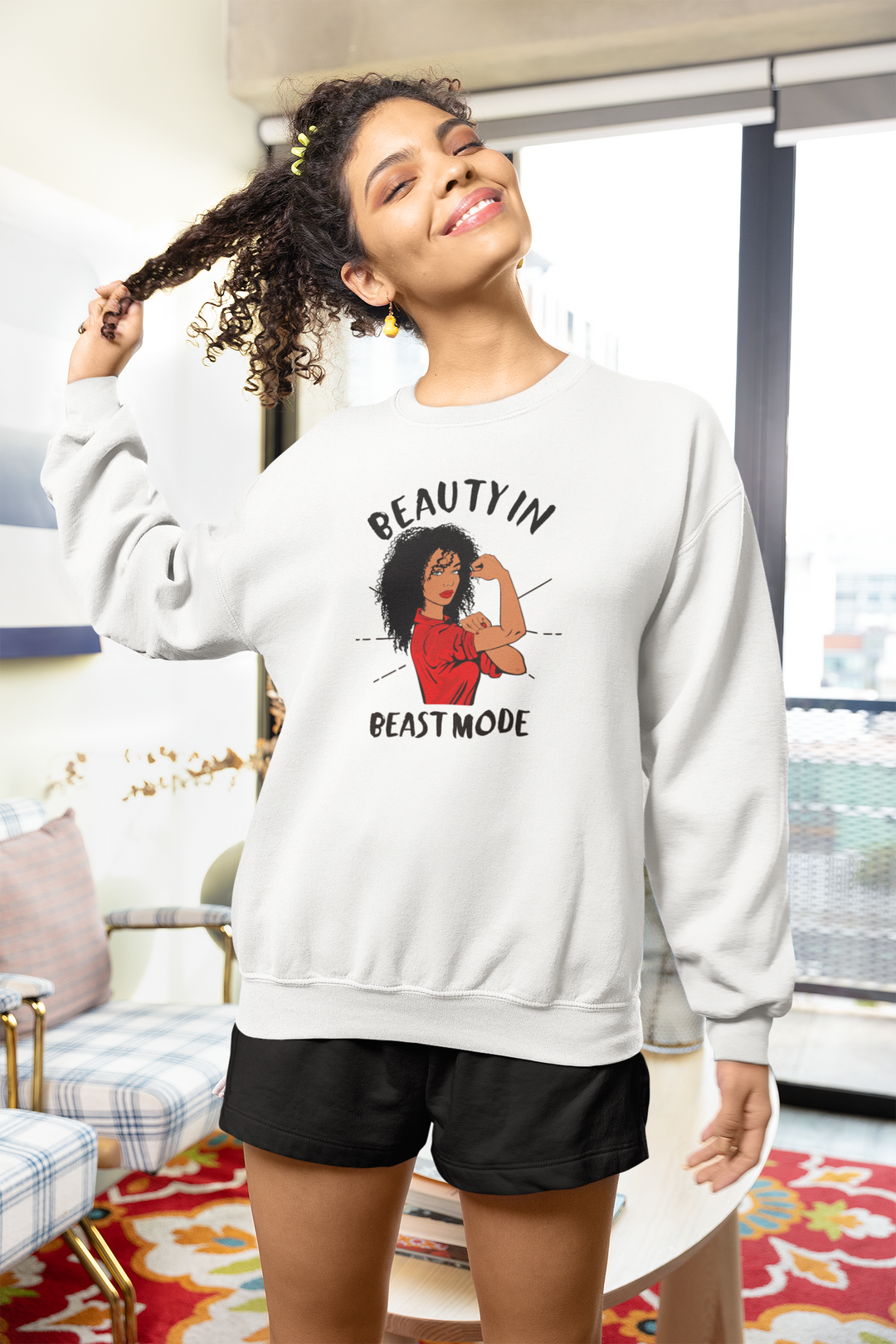 Women s Curly Hair Beauty in Beast Mode Sweatshirt ADDICTED TO